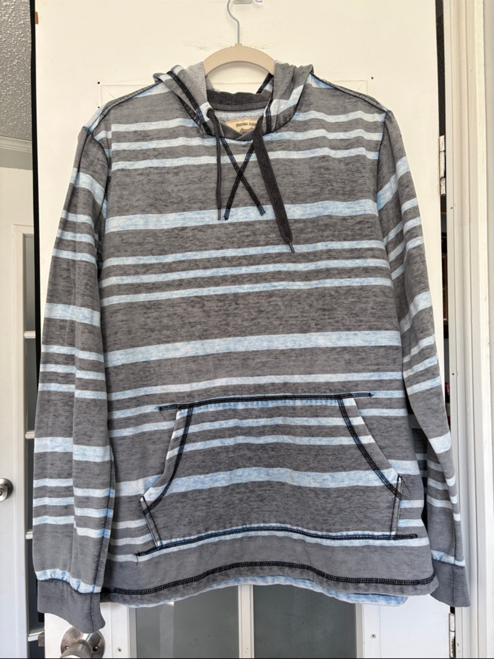 Route 66 Gray and Light Blue Striped Women’s Hooded Pullover
